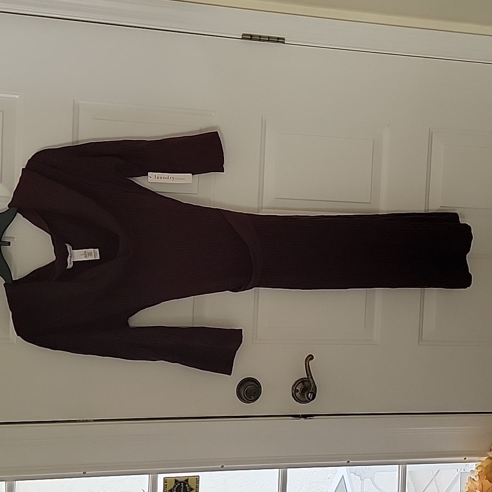 Laundry  knit textured dress, 3/4 sleeves,  fabric tie for waist, cowl ,  L